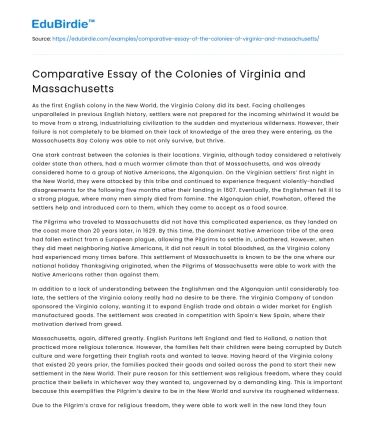 Comparative Essay of the Colonies of Virginia and Massachusetts