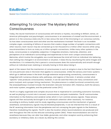 Attempting To Uncover The Mystery Behind Consciousness