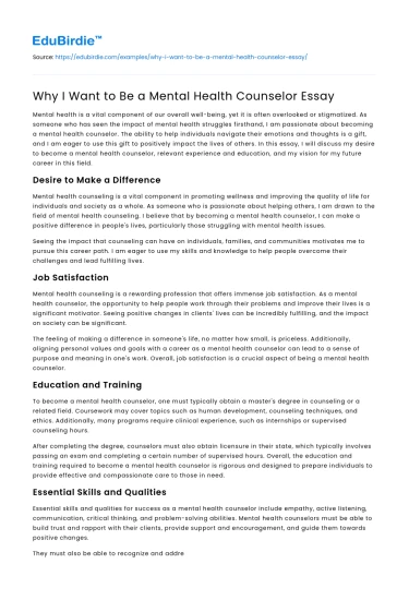 Why I Want to Be a Mental Health Counselor Essay