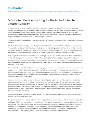 Distributed Decision Making As The Main Factor To Smarter Mobility
