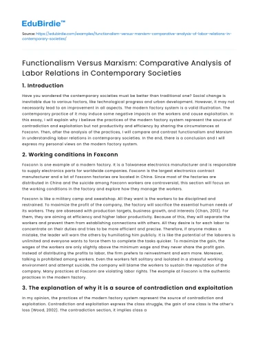 Functionalism vs Marxism: Labor Relations in Modern Societies
