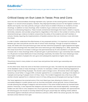 Critical Essay on Gun Laws in Texas: Pros and Cons
