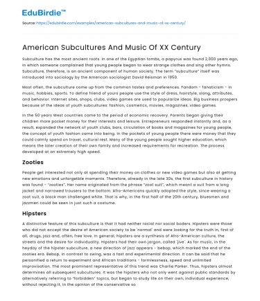 American Subcultures And Music Of XX Century