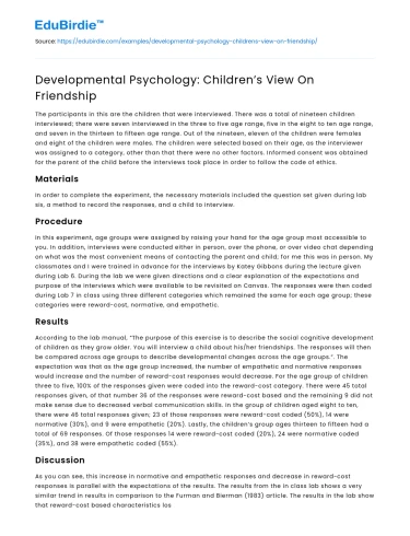 Developmental Psychology: Children’s View On Friendship