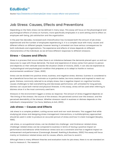 Job Stress: Causes, Effects and Preventions