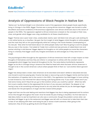 Analysis of Oppressions of Black People in Native Son