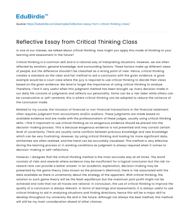 Reflective Essay from Critical Thinking Class