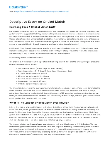 Descriptive Essay on Cricket Match