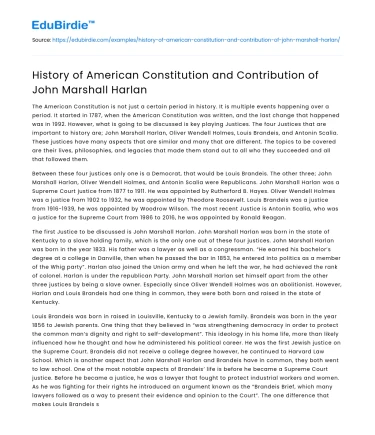 History of American Constitution and Contribution of John Marshall Harlan