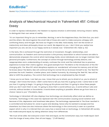 Analysis of Mechanical Hound in ‘Fahrenheit 451’: Critical Essay