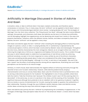 Artificiality in Marriage Discussed in Stories of Adichie And Ibsen