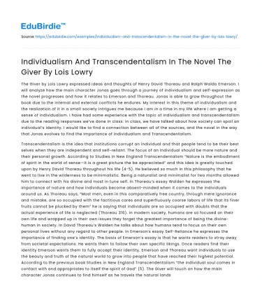 Individualism And Transcendentalism In The Novel The Giver By Lois Lowry