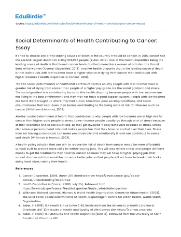 Social Determinants of Health Contributing to Cancer: Essay