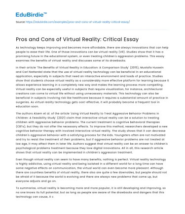 Pros and Cons of Virtual Reality: Critical Essay