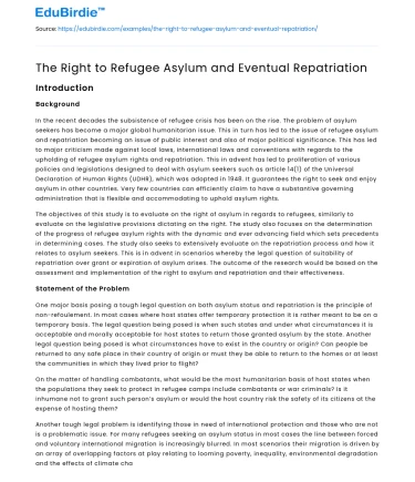 The Right to Refugee Asylum and Eventual Repatriation