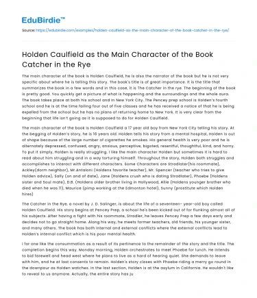 Holden Caulfield as the Main Character of the Book Catcher in the Rye