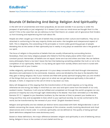 Bounds Of Believing And Being: Religion And Spirituality