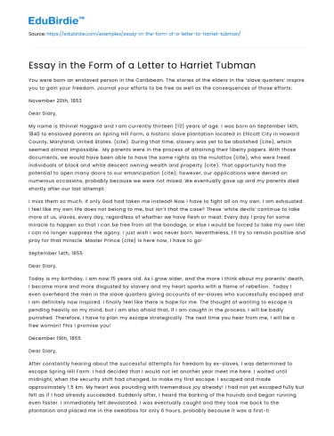 Essay in the Form of a Letter to Harriet Tubman