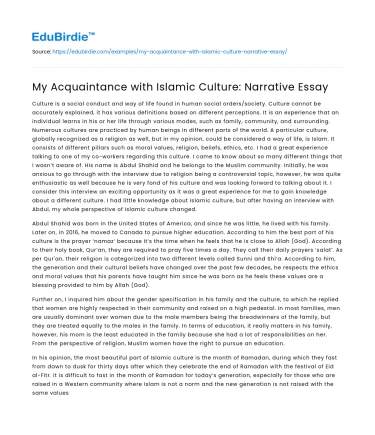 My Acquaintance with Islamic Culture: Narrative Essay