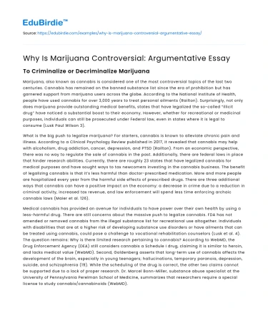 Why Is Marijuana Controversial: Argumentative Essay