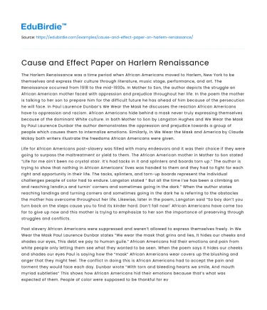 Cause and Effect Paper on Harlem Renaissance
