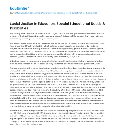 Social Justice In Education: Special Educational Needs & Disabilities