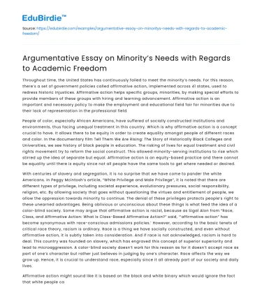 Minority’s Needs with Regards to Academic Freedom