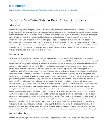 Exploring YouTube Data: A Data Driven Approach