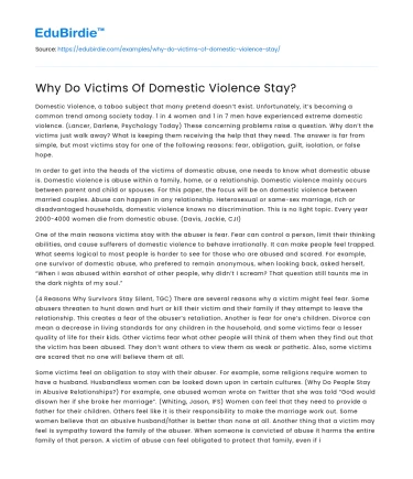 Why Do Victims Of Domestic Violence Stay?