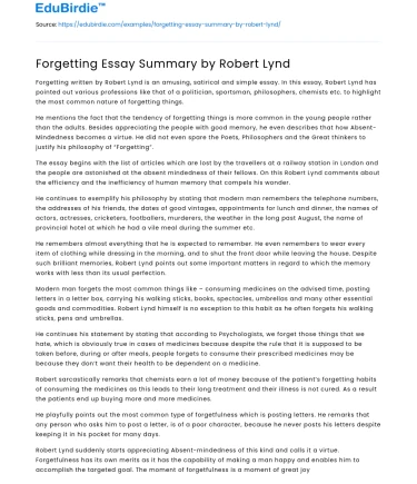 Forgetting Essay Summary by Robert Lynd