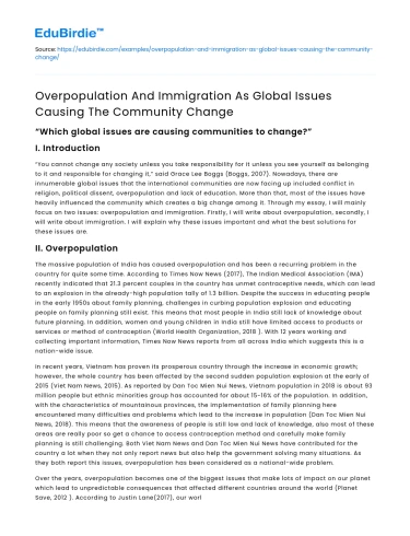 Global issues: Overpopulation and immigration causing community change
