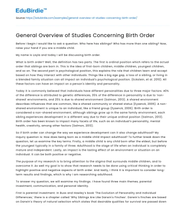 General Overview of Studies Concerning Birth Order