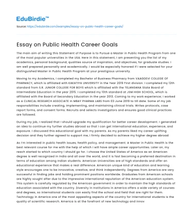 Essay on Public Health Career Goals