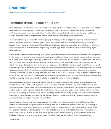 Homelessness Research Paper