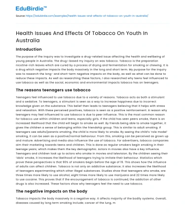 Health Issues And Effects Of Tobacco On Youth In Australia