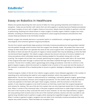 Essay on Robotics in Healthcare