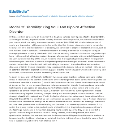 Model Of Disability: King Saul And Bipolar Affective Disorder