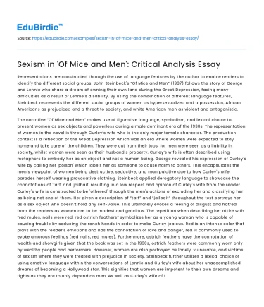 Sexism in ‘Of Mice and Men’: Critical Analysis Essay
