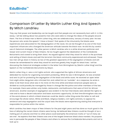 Comparison Of Letter By Martin Luther King And Speech By Mitch Landrieu