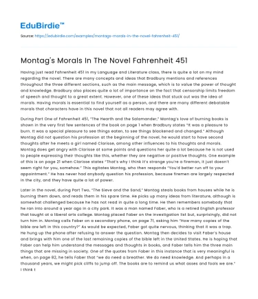 Montag’s Morals In The Novel Fahrenheit 451