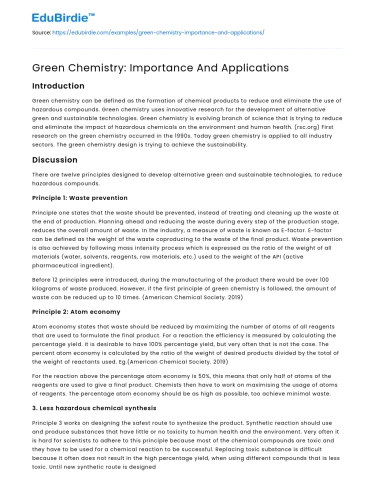 Green Chemistry: Importance And Applications