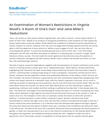 Women’s Restrictions in ‘A Room of One’s Own’ and ‘Seductions’