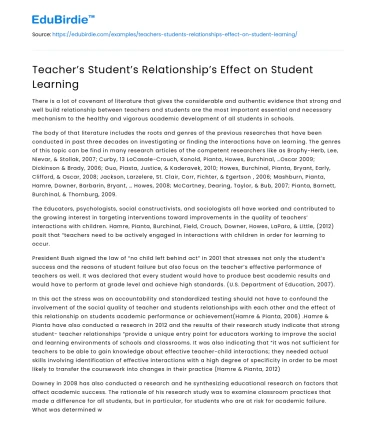 Teacher’s Student’s Relationship’s Effect on Student Learning