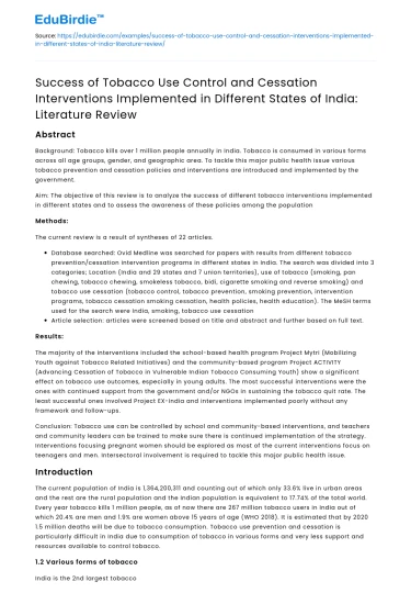 Tobacco Control Programs in Indian States: Literature Review