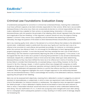 Criminal Law Foundations: Evaluation Essay