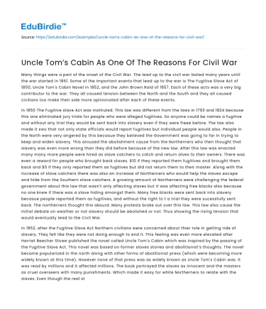 Uncle Tom’s Cabin As One Of The Reasons For Civil War