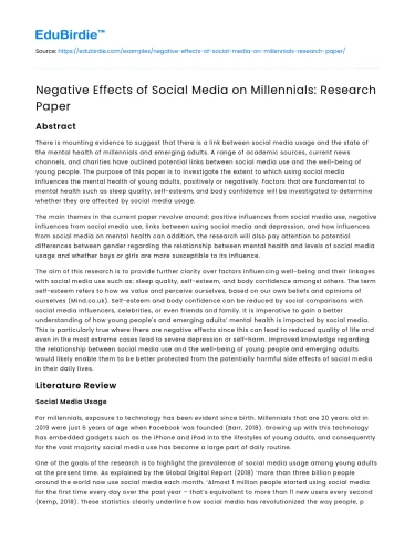 Negative Effects of Social Media on Millennials: Research Paper