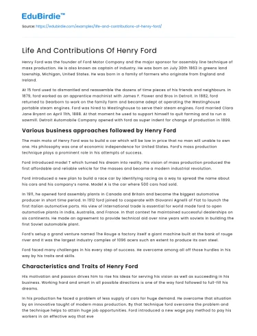 Life And Contributions Of Henry Ford