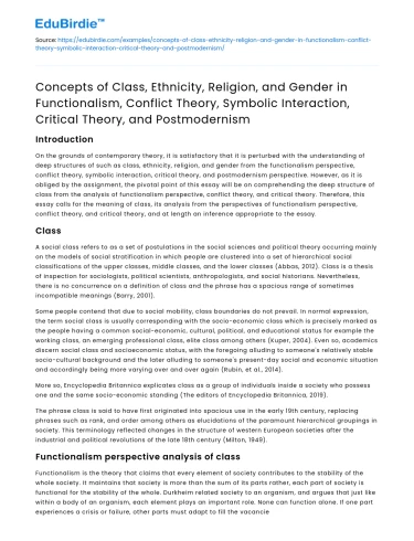 Class, Ethnicity, and Gender in Functionalism and Postmodernism