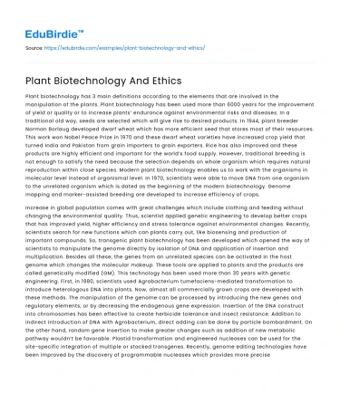 Plant Biotechnology And Ethics